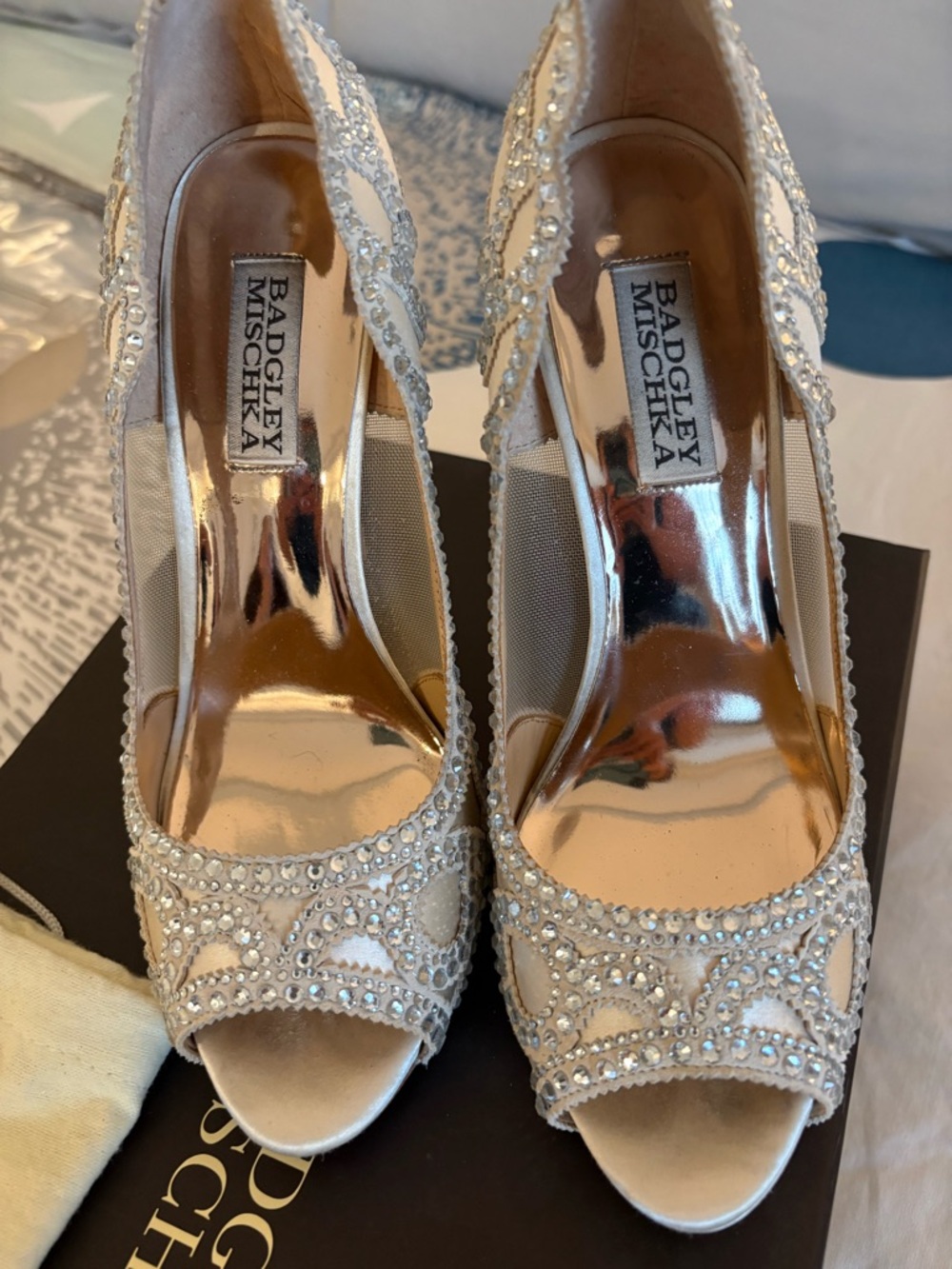 Badgley Mischka Ivory Crystal Embellished Peep-Toe Pumps - Picture 3 of 6